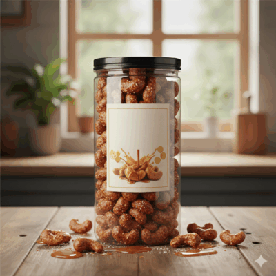 Hạt điều caramel 500g hộp nhựa trong suốt – Hạt điều Story