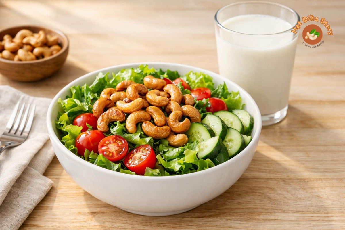hạt điều kết hợp với salad hoặc sữa hạt